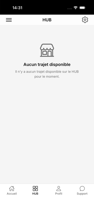 Onglet HUB ouvert : titre 'HUB' centré dans l'en-tête avec icône engrenage à droite (paramètres d'alertes), illustration d'une boutique en gris au centre, texte 'Aucun trajet disponible — Il n'y a aucun trajet disponible sur le HUB pour le moment.', barre d'onglets en bas avec HUB sélectionné.