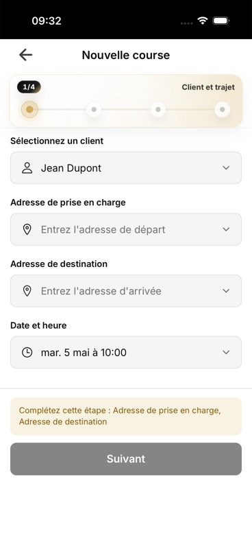 Formulaire Nouvelle course avec client sélectionné et adresses restantes à compléter.