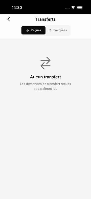 Page Transferts en état vide : en-tête 'Transferts' avec flèche retour, deux onglets en haut ('Reçues' actif en noir, 'Envoyées' inactif), illustration de deux flèches horizontales croisées au centre, texte 'Aucun transfert — Les demandes de transfert reçues apparaîtront ici.'