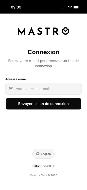 Écran de connexion Mastro affichant le logo, le titre 'Connexion', le champ 'Adresse e-mail' et le bouton 'Envoyer le lien de connexion' sur fond blanc.