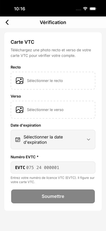 Page Vérification de l'app, section 'Carte VTC' : zones de dépôt 'Sélectionner le recto' et 'Sélectionner le verso', sélecteur de date d'expiration, champ 'Numéro EVTC' au format 'EVTC 075 24 000001', bouton 'Soumettre' grisé tant que les pièces ne sont pas fournies.